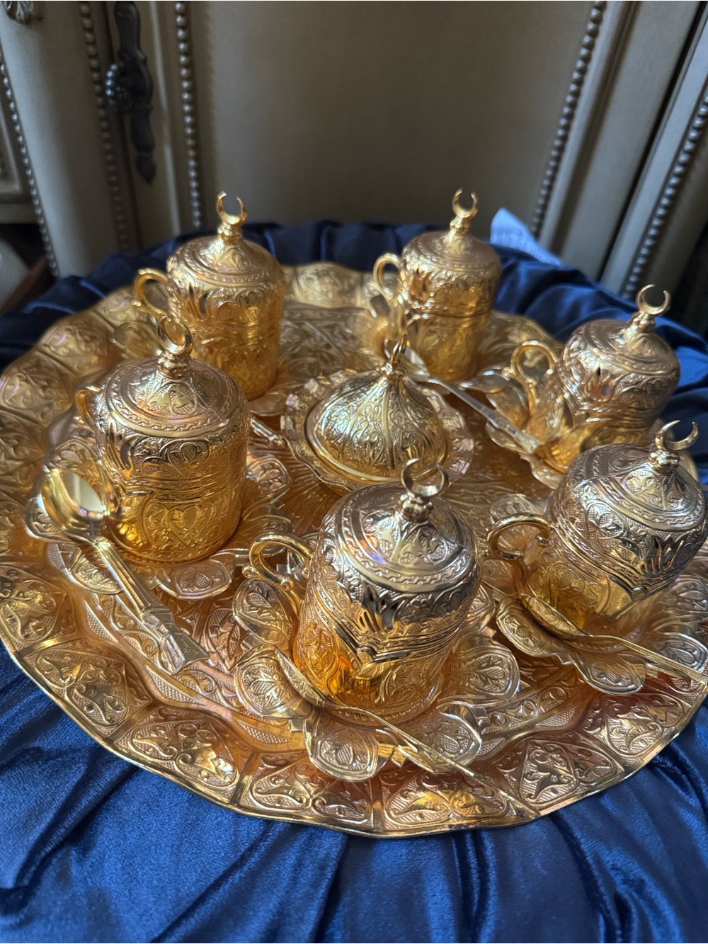 Ornate Gold Turkish Coffee Set - 6 Cup Service, 6 spoons, sugar bowl, tray NWOT